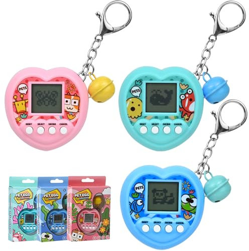 Ulikey 3 Pezzi Animale Elettronico Virtuale, Macchina da Gioco per Animali Domestici Elettronica, Console di Gioco Animali Domestici Virtuali, con Campana e Portachiavi, Mini Giocattolo Retrò Regalo