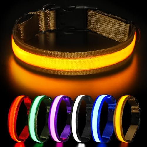 HEELE Hundehalsband Leuchtend, Leuchtend Halsband, Leuchthalsband Type-C Wiederaufladbar, Leuchthalsband Hund Wasserdicht, LED Halsband für Hunde, Hundehalsband mit 3 Beleuchtungsmodi, Braun, S
