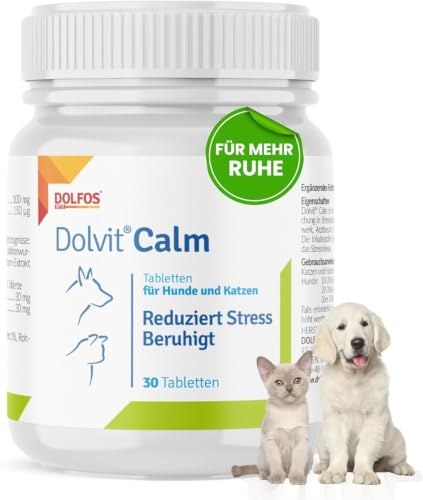 Dolvit Calm Beruhigungsmittel für Hunde und Katzen 30 Tabletten, Entspannungs- & Anti-Stress-mittel für Hunde mit Baldrian, L - Tryptophan und Zitronenmelisse, Schmackhaft und Leicht Enzunehmen (1)