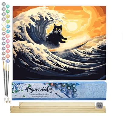 Figured'Art Peinture par Numéro Adulte avec Cadre La Grande Vague du Chat Noir - Activité Manuelle Kit de Loisir Créatif DIY Numéro d'Art Complet - 40x50cm avec châssis en bois à monter