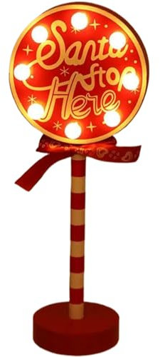 Santa Stop Here Sign 12x5 Inch Light Up Santa Stop Here Round Self-standing Battery Powered Christmas Decorations for Indoor Outdoor Red & White