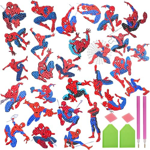 COQOYO Spidey Diamond Painting Kinder Sticker Set, 28 Stück 5D Diamant Mosaik Aufkleber, Cartoon Mini Diamantmalerei Bilder, DIY Mosaikherstellung Basteln Kit für Jungen Mädchen Anfänger Geschenke