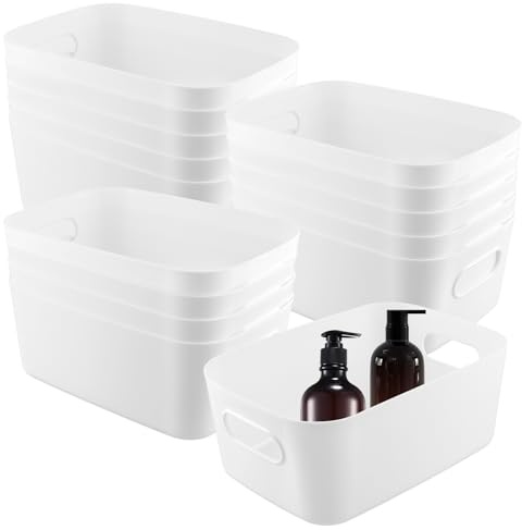 MAHIONG 15 PCS White Plastic Storage Boxes, 25 x 16.5 x 10cm White Storage Baskets with Handle, Kitchen Cupboard Organiser, Cupboard Storage Boxes for Bathroom, Kitchen, Office, Organisation