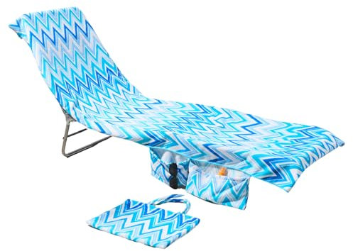 Brentfords Sun Lounger Towels Fitted Over Back of Bed, Zig Zag Swimming Pool Quick Dry Travel Large Beach Towel with Pockets for Loungers Summer Holiday Accessories, 215cm x 75cm