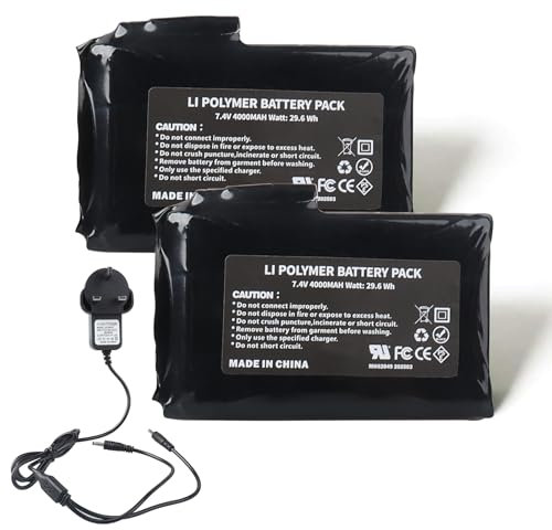 MXJFYY 2PCS 7.4V 4000mAh 29.6Wh Li-Polymer Rechargeable Batteries With Charger for Heated Gloves, Heated Socks, Heated Hats, Heated Balaclavas, Heated Insoles,Thermal Underwear Bottoms, Mittens