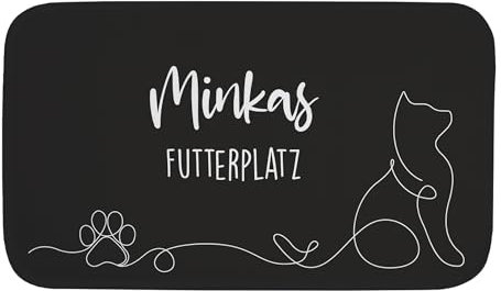 Herz & Heim® Personalisierbare Napfunterlage für Katzen – rutschfeste Futtermatte mit Wunschtext – Haustier-Platzdeckchen Motiven (Schwarz, 76 cm x 45 cm (B/H))