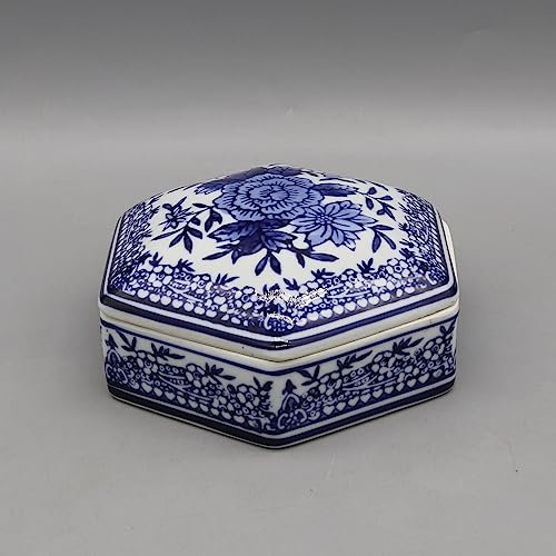 Eastern tide Caja decorativa de porcelana, diseño floral azul y blanco, forma hexagonal
