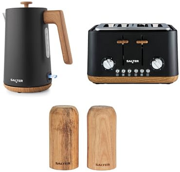 Salter Toronto Kettle, Toaster & Mill Set – 1.7L Fast Boil Kettle with Swivel Base, 4-Slice Toaster with 6 Browning Levels, Acacia Wood Salt & Pepper Shakers, Refillable Seasoning Dispensers