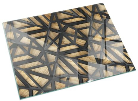 Funkenschutzplatte für Kamin 60x40 cm Hartglas Glasboden Stilvollem Motiv Dekorative Glasbodenplatte Hitzeschutz Rechteckige Schutzplatte Elegantes Design - Geometrie mit Holz