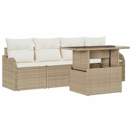 vidaXL Garten-Sofa-Set mit Kissen 5 pcs Beige Poly Rattan, Moderne Outdoor Sofagruppe, rechteckig, modular, wetterfest, langlebige Rattan-Sitze, Gartenlounge, Terrassenmöbel