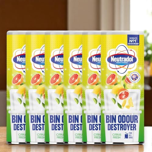 6x 350g Neútradol Dustbin Odour Destroyer Powder – CITRUS FRESH Scent FULL CASE, Effectively removes unpleasant bin odours, leaving behind a fresh and invigorating citrus scent.