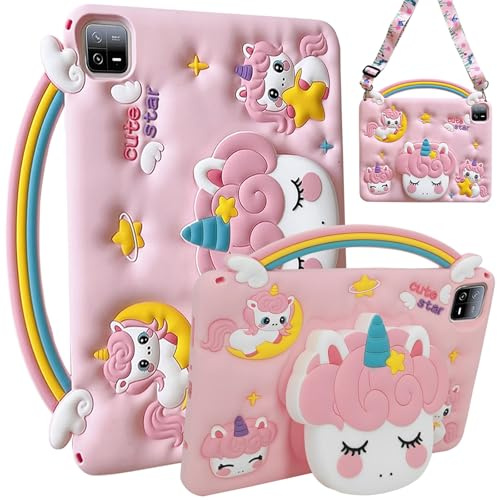 A-BEAUTY Funda Niños Compatible con Xiaomi Pad 6/6 Pro 11 Pulgadas 2023, Silicona Antichoque Unicornio con Asa Soporte, Correa para el Hombro