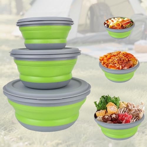 Komoke Lot de 3 bols pliables avec couvercle - Pour le camping - Saladier portable - Bol à vaisselle pliable - Pour le camping - Pour la cuisine, le camping - Accessoires de cuisine et accessoires