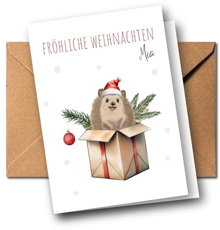 Personalisierte Weihnachtskarte mit Name – Tier im Geschenk – süße Klappkarte mit Umschlag für Geldgeschenk – – Weihnachtsgruß für Kinder & Erwachsene | DIN A6 Faltkarte (Igel)