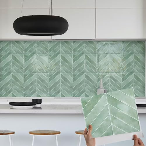 Fantasnight Stick on Wall Tiles Kitchen - 10pcs Self Adhesive Tile Stickers for Bathroom(29x23cm) - Peel and Stick Walls Sticker Green Light - Marble Effect Waterproof Sticky Vinyl Splashback 3D