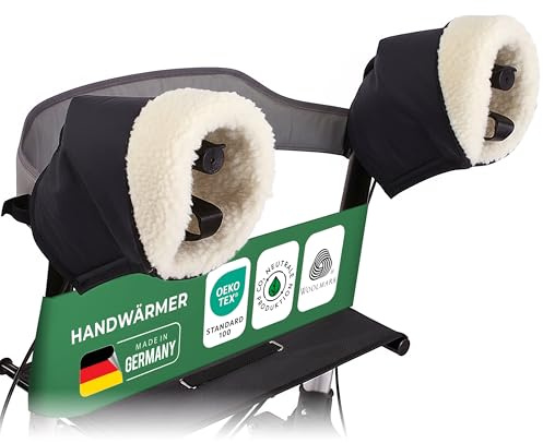 Novaliv Rollator Handwärmer Schurwoll-Handwärmer warm & atmungsaktiv, winddicht & wasserabweisend 100% Schurwolle innen Klett + Elastikband ca. 32×22 cm Anthrazit/Schwarz Made in Germany
