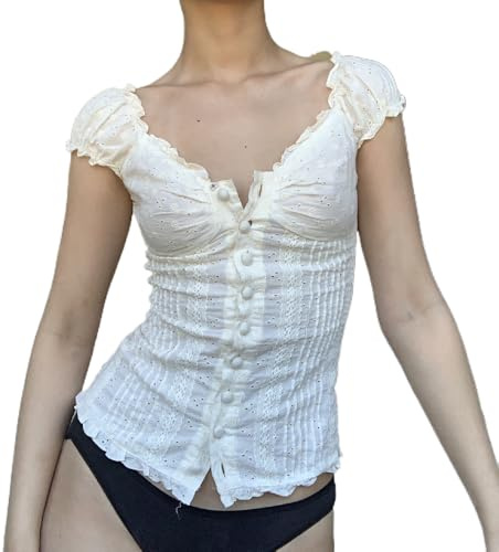 Women Y2K Ruffle Blouse Shirt Short Puff Sleeve Lace Trim Fairy Grunge Babydoll Crop Top Aesthetic Going Out Top