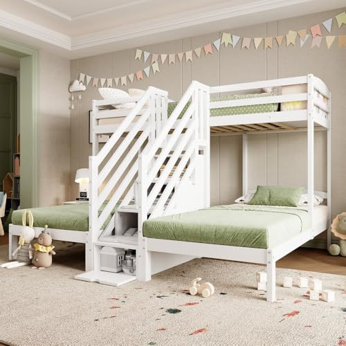 Sapgaks - Cama altillo de escalera, 90 x 200 cm, cama entrepiso de 3 plazas, litera de 3 plazas pino, escalera retráctil con cajones, guardabarros, certificado en 747, sin colchón, color blanco