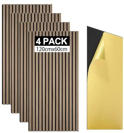 Akustikpaneele Wandpaneele Holz 2,88㎡-4er Set 120x60cm Selbstklebend 3D Wandpaneele holz Holzpaneele wand als Schallschutzplatten,Wandverkleidung Holzoptik(Selbstklebend- Walnussbraun)
