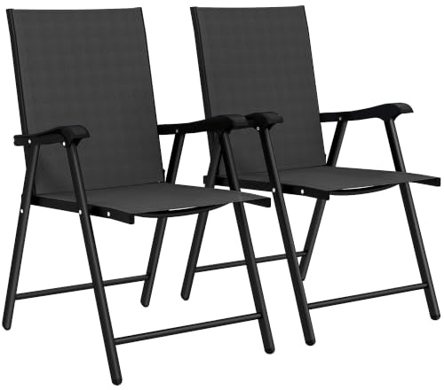 Outsunny 2er-Set Klappstuhl Klappbar Armlehne 58 x 62 x 97 cm Schwarz | Gartenstuhl, Hohe Rückenlehne, für Garten Balkon Terrasse, Stahl, Texteline