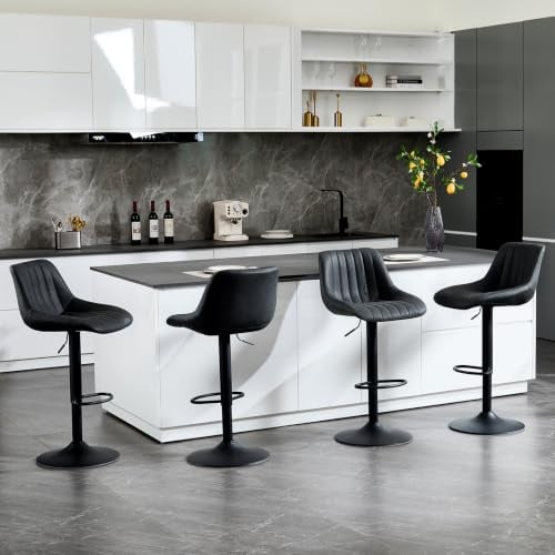 Chummaven Lot de 4 Tabourets de Bar Pivotant à 360° en Cuir PU, Noir | Réglable en Hauteur, Rembourré, Avec Dossier, Repose-pieds, Design sans Accoudoirs, Chaise Haute de Bar pour Îlot de Cuisine