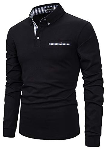 YCUEUST Men's Polo Shirt Long Sleeve Casual Plaid Collar T-Shirts Black Large
