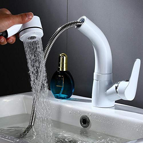 ottonato, rubinetto bagno con doccetta estraibile, rubinetto bagno lavabo, rubinetto miscelatore acqua calda, rubinetti bagno lavabo, miscelatore lavabo bagno, estensibile, estraibile -bianco