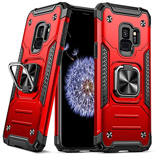 DASFOND Armor Hülle für Samsung Galaxy S9 Case mit Kameraschutz Militär Stoßfest Handyhülle [Upgrade 2.0] 360 Grad Metal Ring Halter Ständer Schutzhülle [für Handyhalterung Auto Magnet], Rot