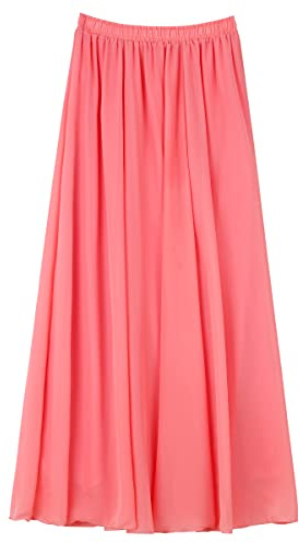 Camilife Jupe Longue en Mousseline de Soie pour Femme Jupe Maxi Longueur de Jupe 100cm Taille XS-M Uni Pastèque Rose