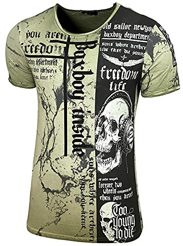 Herren Rundhals Vintage T-Shirt Kurzarm Slim Fit Design Fashion Top Print Shirt B-116, Farbe:Olive, Größe:L
