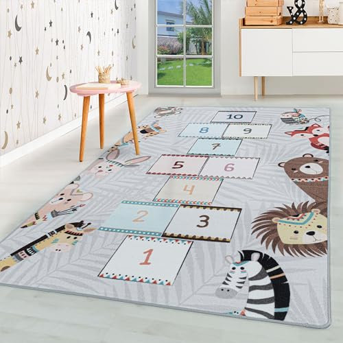 HomebyHome Kurzflor Kinderteppich für Jungen und Mädchen 80 x 120 cm Grau Himmel Design - Waschbarer Teppich Extra Weich und Antiallergen - Teppich für Kinderzimmer, Babyzimmer und Spielzimmer