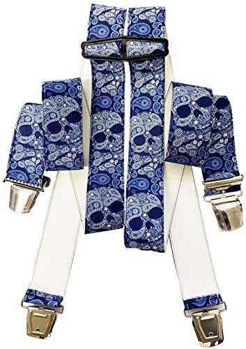 EDERER TOTENKOPF Hosenträger SEIDENGLÄNZEND | UNISEX| 4 starken Metallclips| 35mm breit-110 cm lang| Party| Fasching| Karneval| KS-Totenkopf blau G-001
