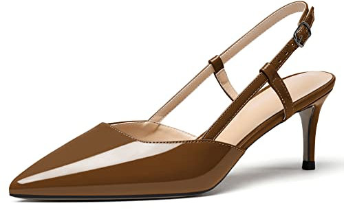 Zamikoo Damen Pumps Slingback Sandalen Kitten Absatz Pointed Toe Pumps Knöchelriemchen Abendschuhe mit Schnalle Lack Braun EU41