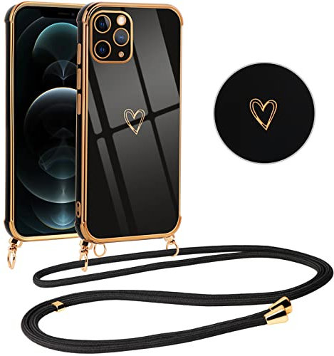 Vauki Coque pour iPhone 12 Pro Max avec Cordon de Collier, Galvanisé Etui Housse avec Motif Coeur d'amour, Antichoc Anti-Rayures Case avec Bandoulière pour iPhone 12 Pro Max 6.7, Nior