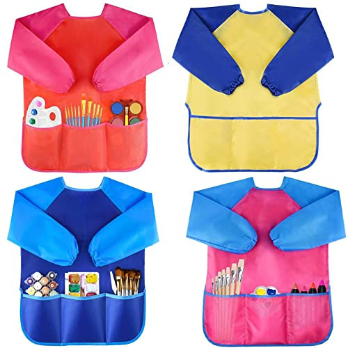XOPOZON Kids Art Aprons, Waterproof Children's Artist Painting Smocks with Long Sleeve 3 Pockets for Age 2-8 Years Boys & Girls Painting Cooking Eating Arts & Crafts (Yellow & Pink & Blue & Red)