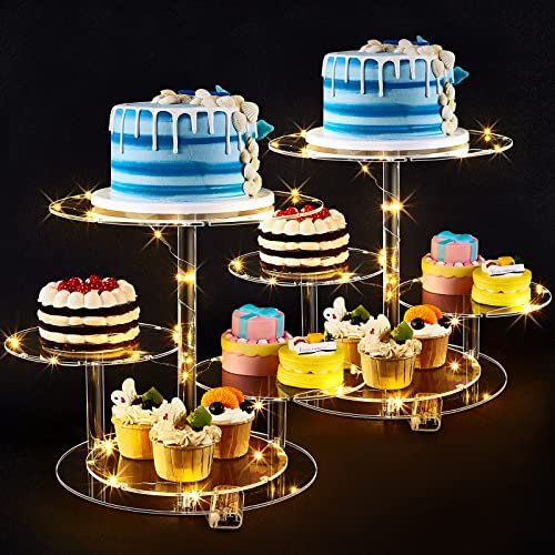 Cupcake-Ständer mit 4 Etagen, Acryl, transparent, rund, mit 2 LED-Lichterketten, Cupcake-Halter, Dessert, Gebäck, Ständer für Hochzeit, Babyparty, Abschlussfeier, Geburtstag, Teeparty, Tisch, 2 Stück