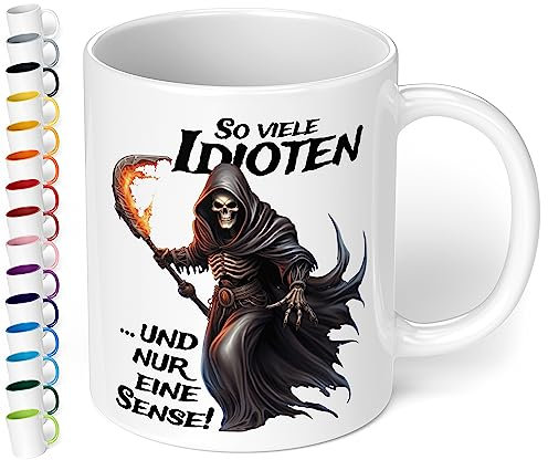 Lustige Büro Tasse „So viele Idioten und nur eine Sense!“ - 330ml Keramik Kaffeebecher mit Spruch Statement Geschenke für Kollegen Mitarbeiter Büro Arbeit Geburtstag Weihnachten (Weiß)
