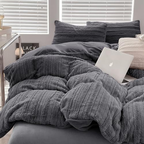 Michorinee Housse de Couette en Peluche 220x240 Gris foncé - Parure de Lit Polaire Flanelle Chaud Hiver - Linge de Lit 2 Personnes Fermeture Éclair + 2 Taie d'oreiller 65x65 cm