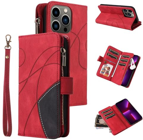 Coque pour Google Pixel 6 avec Cordon,Etui Google Pixel 6,Flip Portefeuille Étui Cuir,[9 Porte Cartes][Double Fermeture Magnétique],Protection Coque Housse - Rouge