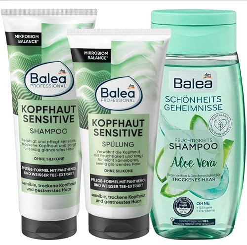 Balea 3er-Set Haarpflege: Professional Shampoo KOPFHAUT SENSITIVE sensible trockene Kopfhaut (250 ml) + Spülung KOPFHAUT SENSITIVE (200 ml) + Schönheitsgeheimnisse Shampoo ALOE VERA (250 ml), 700 ml