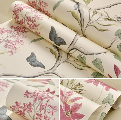 BPILOT Wallpaper Pastoral Flower and Bird Pattern Non-Woven Wallpaper Bedroom Living Room Background Wall Non-Self-Adhesive Wallpaper Beige