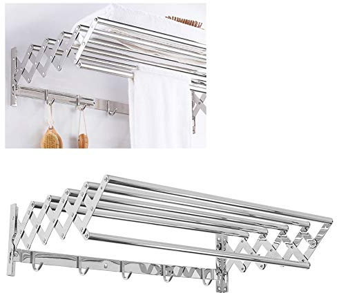 Ejoyous Porte-Serviettes, Porte-Serviettes Mural Rétractable en Acier Inoxydable, Organisateur de Rangement Pliable pour Salle de Bain avec Crochets pour Salle de Bain, Cuisine et