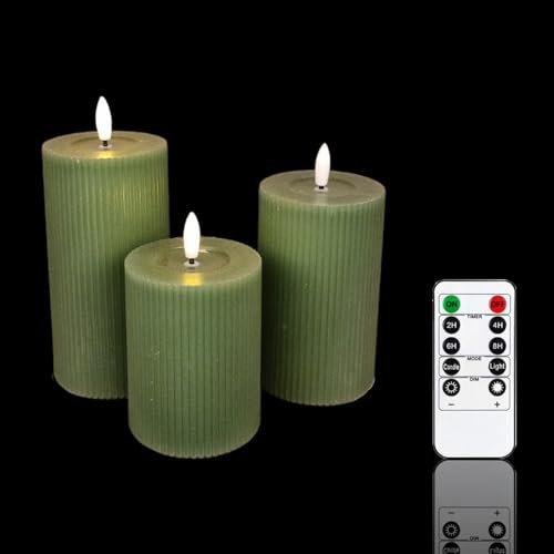 Meisterhome® 3er-Set Flammenlose LED Kerzen - Grün - Ribble Design Stumpenkerze - mit Fernbedienung – mit Timer - Batteriebetrieben – Warmweiß - 10/12,5/15 cm hoch - mit flackernder Flamme