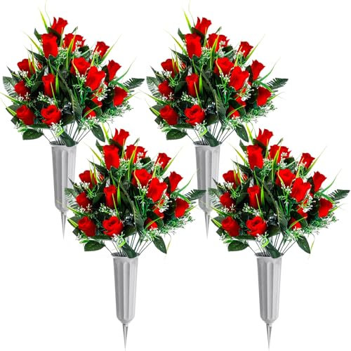 Crowye 4 Sets Friedhofsblumen für Grab, 96 Köpfe, künstlicher Rosenstrauß, Arrangement mit Vase, Seide, Gedenkblumen für Weihnachten, Gedenktag (rot)