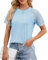 BellaDila Damen Sommer Spitze Kurzarm T-Shirt Rundhals Elegant Vorne Plissee Bluse Locker Top Tunika Oberteile 2024, Himmelblau, L