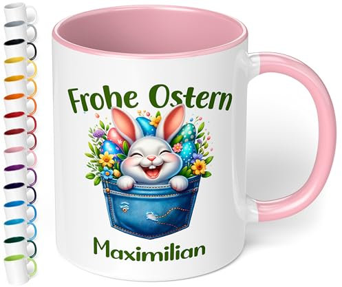 Tasse als Ostergeschenk personalisiert „Frohe Ostern“ Motiv: Osterhase Ostereier – 330ml Keramik Kaffeetasse mit Spruch – kleine Geschenke zu Ostern Easter gift (Rosa)