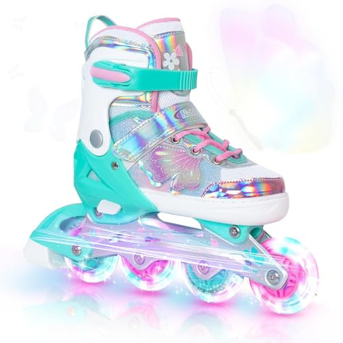 Nattork Kinder Inliner für Mädchen, 4 Größen Verstellbare Kinder Inline Skates, Schmetterling Inline Rollschuhe mit Leuchtenden Rädern für Kinder Mädchen (Türkis, 32-36 EU / 205-230 MM)