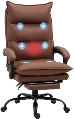 Vinsetto Bürostuhl mit Massagefunktion Lendenheizung Braun | Ergonomischer Schreibtischstuhl, Liegefunktion, Fußstütze, Höhenverstellbar, 360° Drehbar, Chefsessel, Mikrofaser