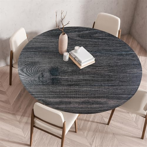 Odot Waschbare Elastische Runde Tischdecke 3D Braun Holz Anti-Tear Wischbare rutschfeste Rund Tischdecken Abwaschbar Abwischbar Tischtuch für Dekoration Garten Partys Kaffee (130cm,Schwarz)