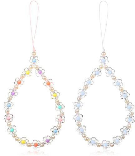 2 Pcs Flower Phone Charms Y2K Cute Blue Beaded Keychain Pearl Lanyard Camera Wrist Strap Anti-Lost Chain for Women